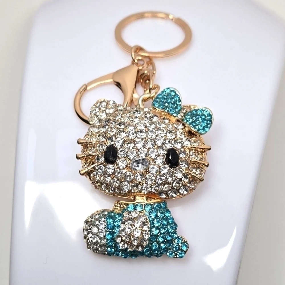 Hello Kitty Rhinestone Keychain Azure Blue and Gold Tone